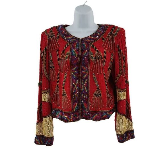 Vintage Red Silk Jacket Hand Embellished in Beads/Sequins in a Tassel Design - Picture 1 of 3